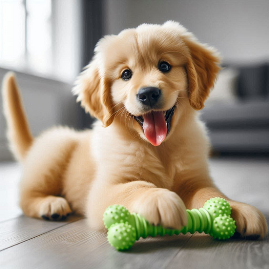 Happy puppy playing with an indestructible dog toy in a cozy living room setting