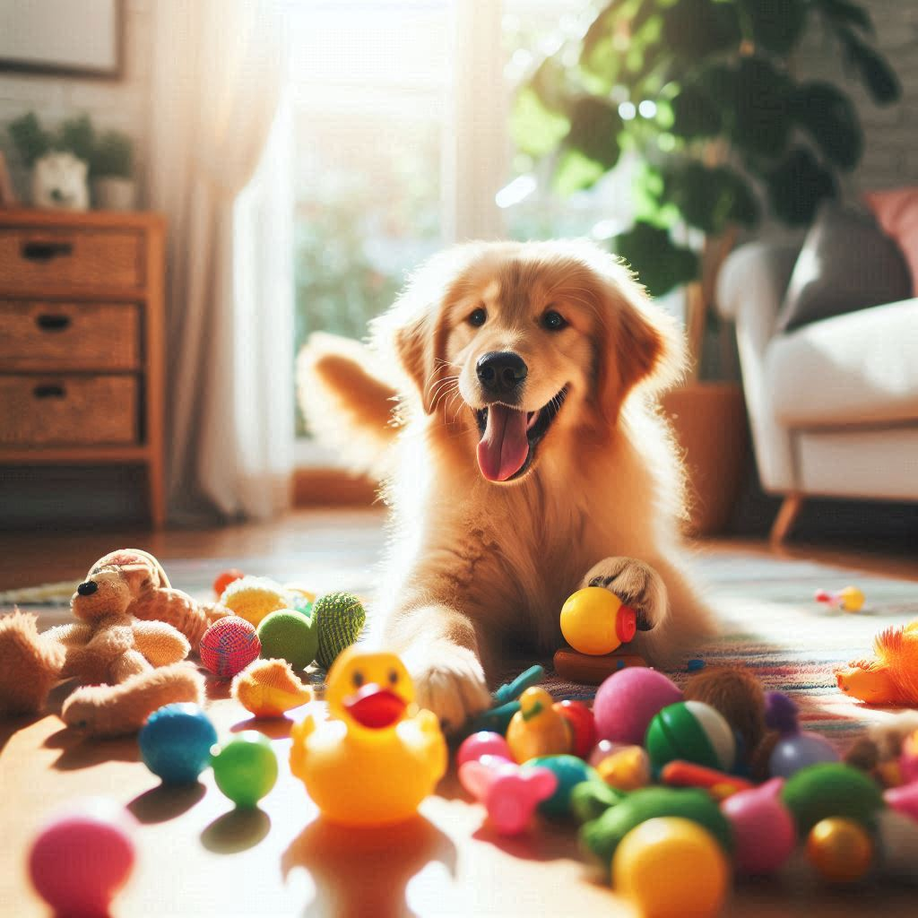 Happy dog playing with a variety of colorful affordable durable dog toys in a bright living room