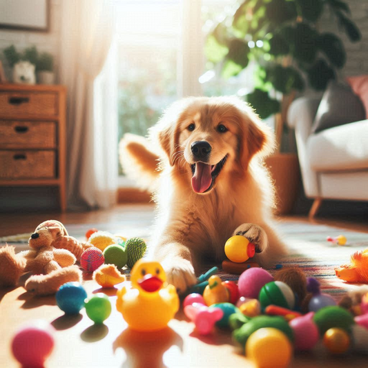 Happy dog playing with a variety of colorful affordable durable dog toys in a bright living room