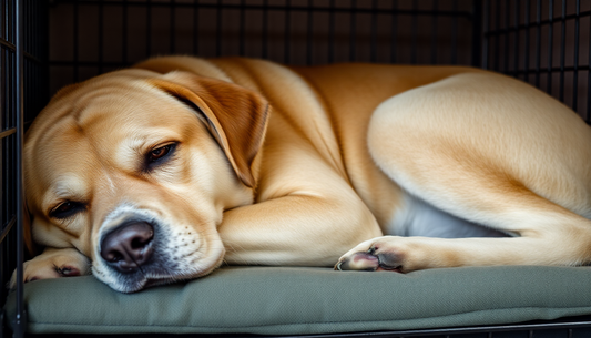 Large breed dog resting comfortably in a spacious crate