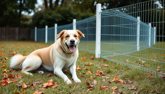 A dog near traditional fence and invisible fence boundary