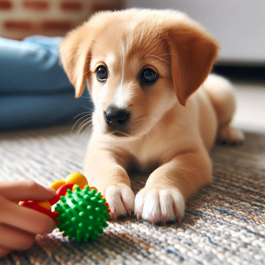 Playful puppy learning essential puppy commands with colorful toys on a cozy rug