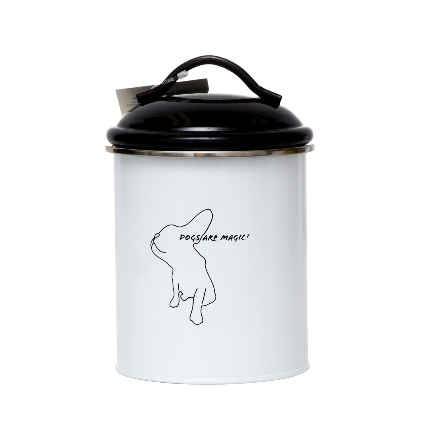 White pet treat storage canisters with a black lid and a dog graphic that reads Dogs Are Magic