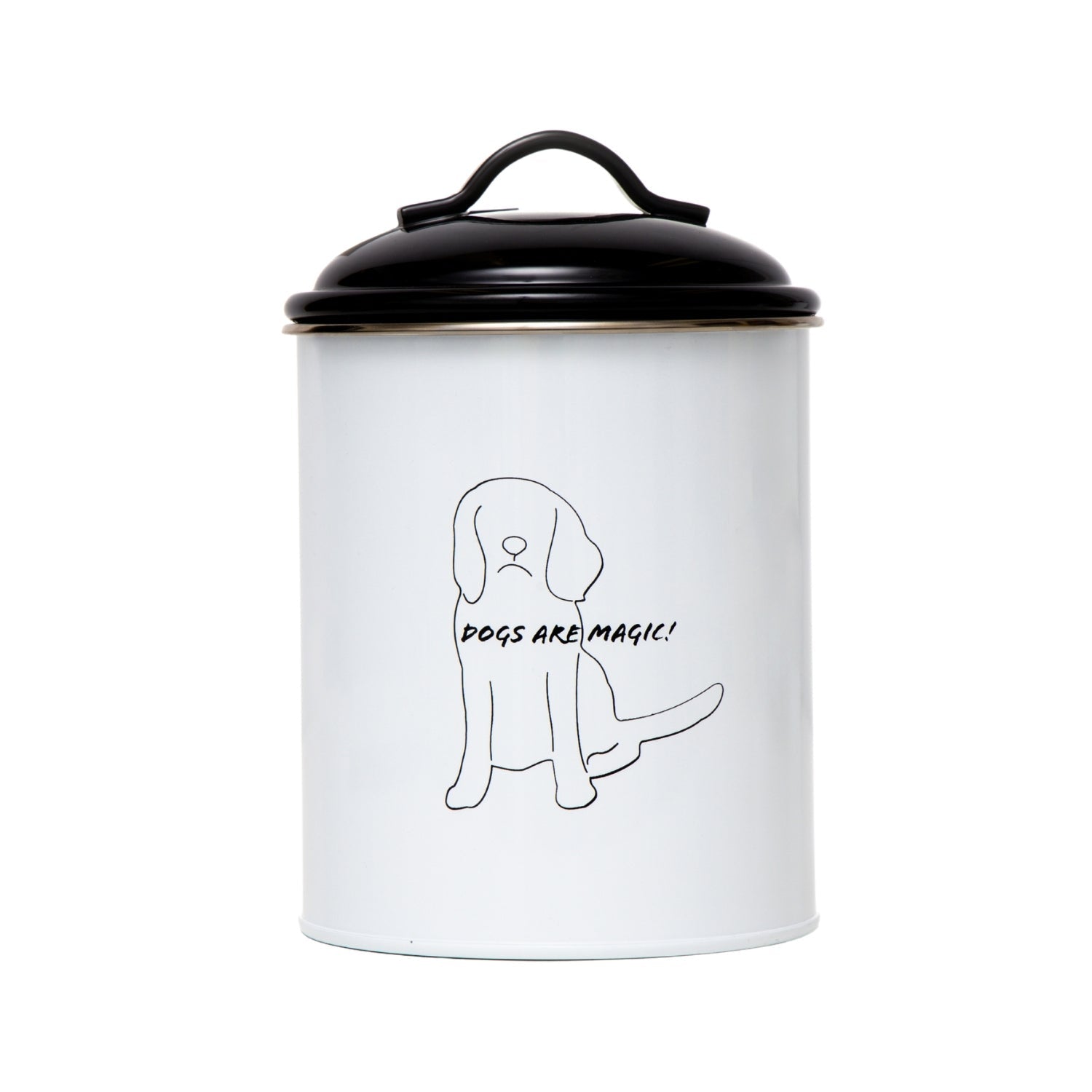 White pet treat storage canisters with whimsical dog design and black lid for storing dog treats
