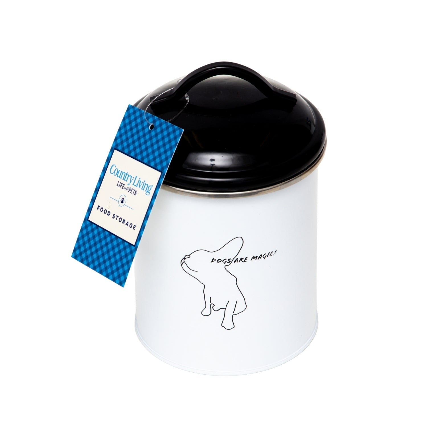White pet treat storage canisters with black lid and dog graphic for keeping pet treats fresh