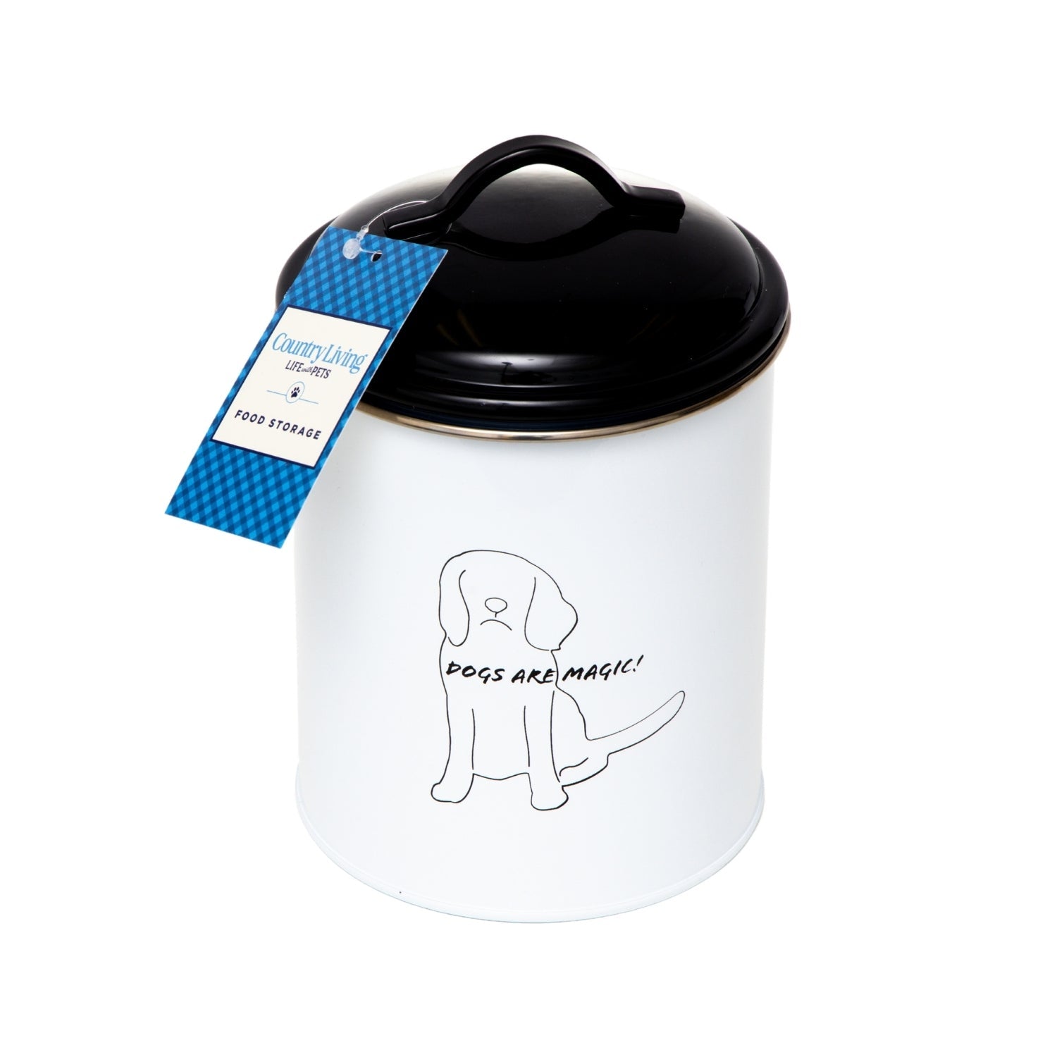 White pet treat storage canisters featuring a dog illustration and black lid for organizing treats