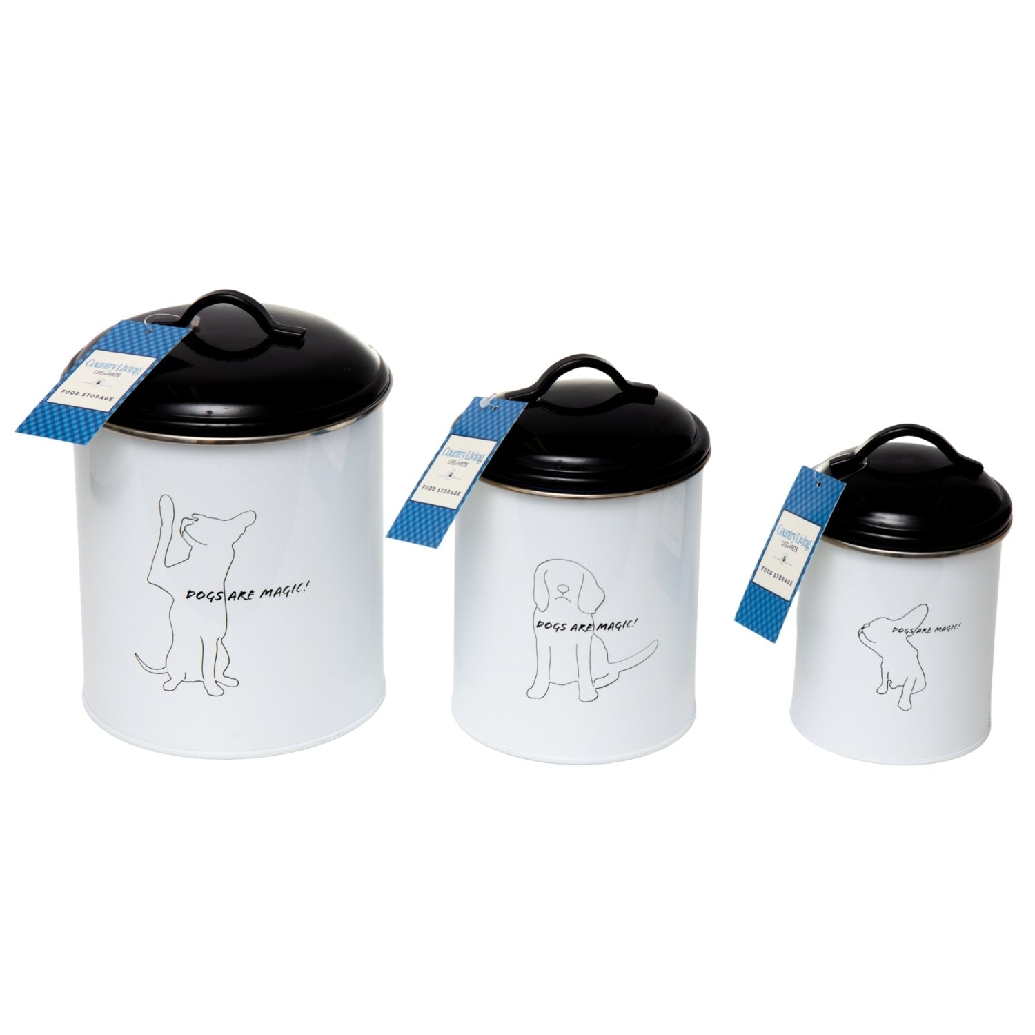 Set of three American Pet Supplies pet treat storage canisters in white with black lids and cute dog graphics
