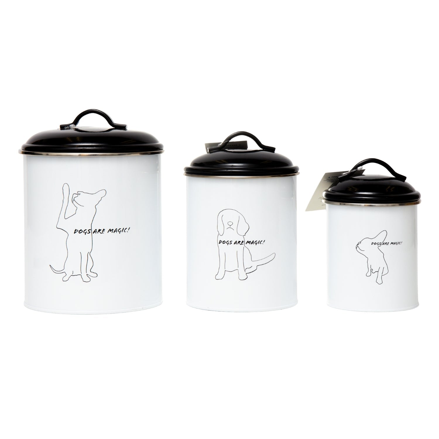 Set of three white pet treat storage canisters with black lids and playful dog illustrations