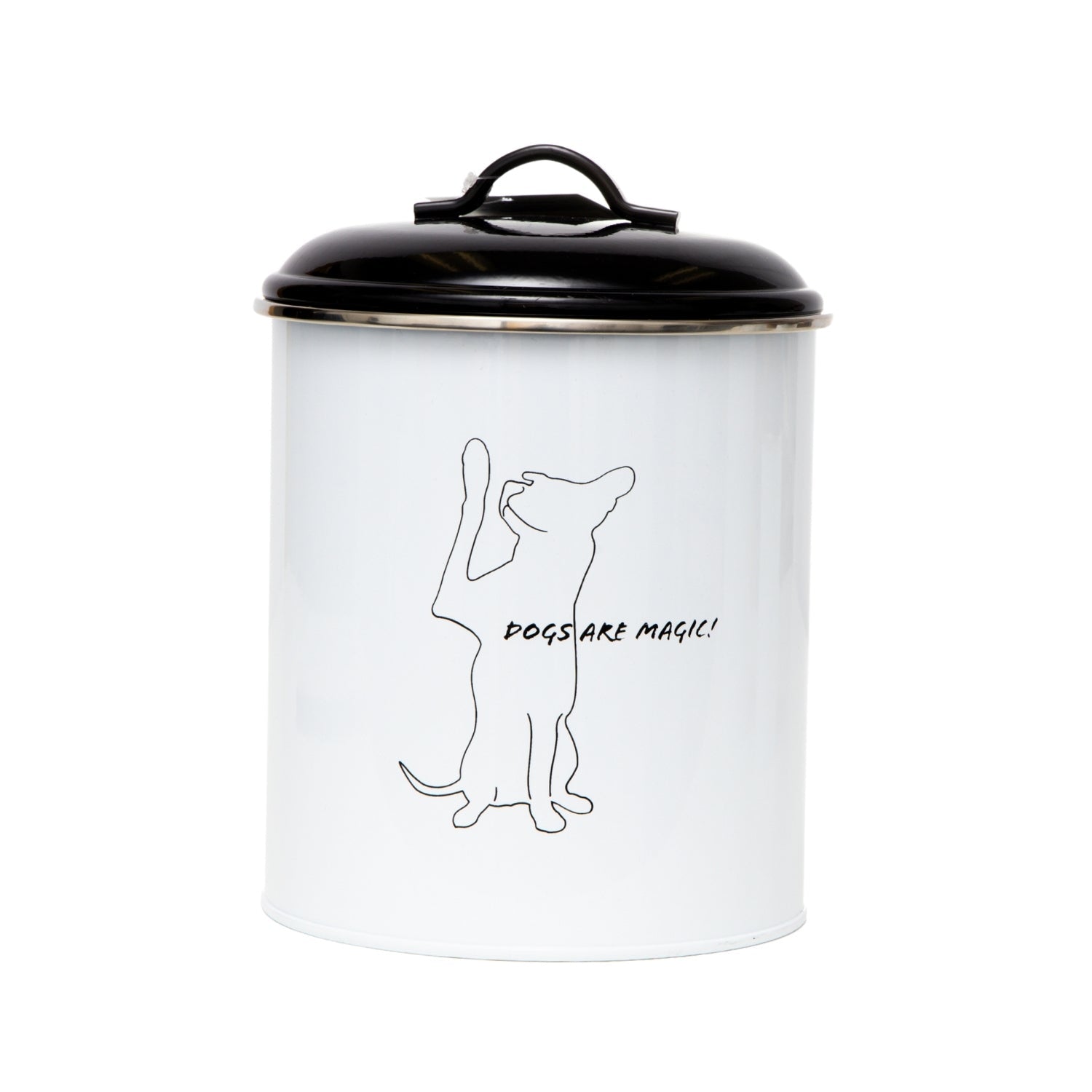 Stylish pet treat storage canisters in white with a playful dog design and black lid