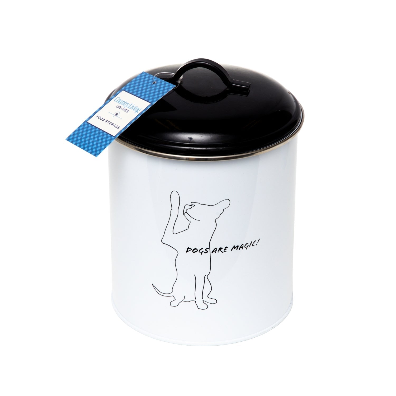 White pet treat storage canisters with a black lid and playful dog design for pet owners