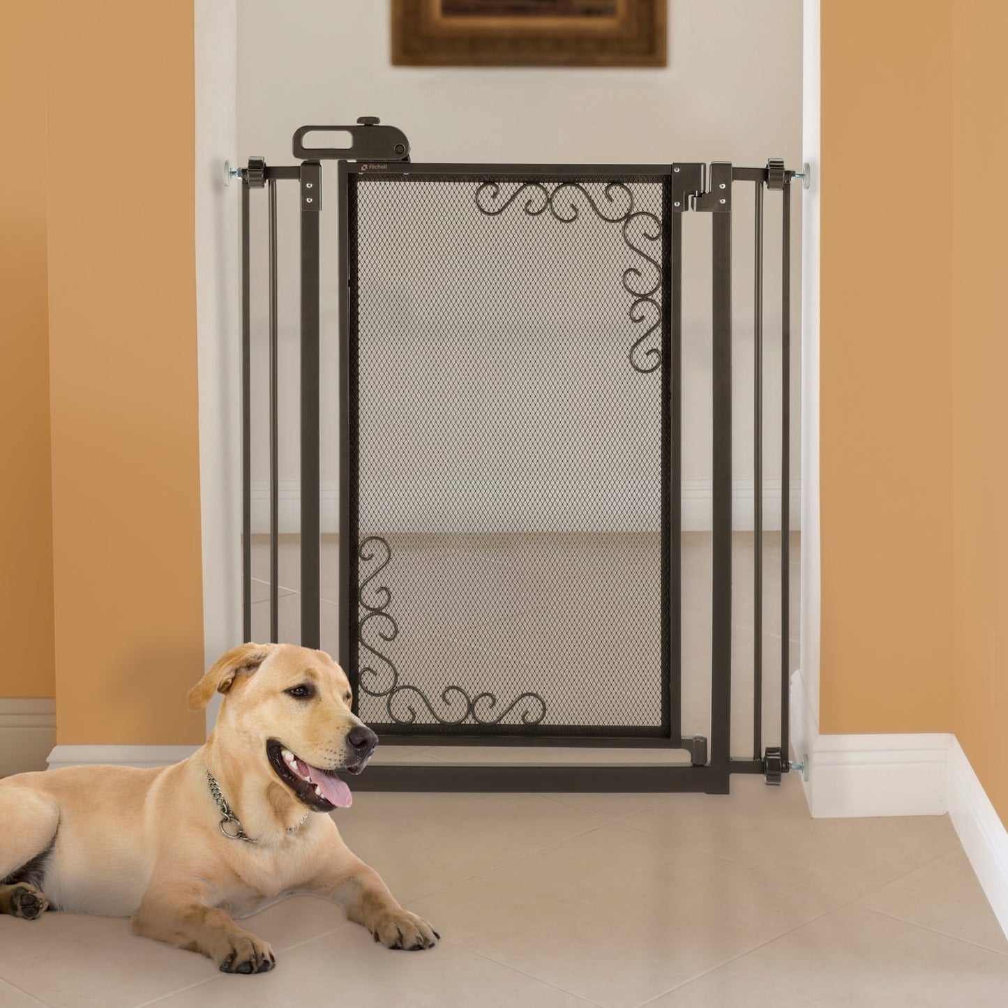 Tall One-Touch Metal Mesh Pet Gate in Antique Bronze PawCounter.com