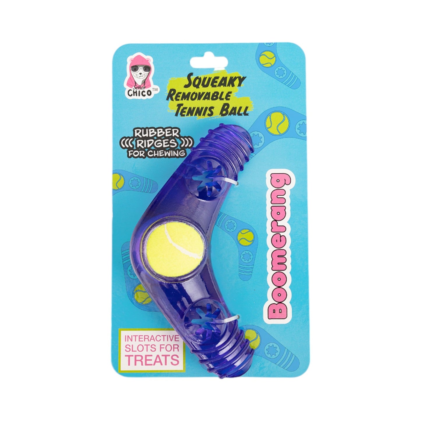 TPR Boomerang Dog Chew Toy with Removable Squeaker Tennis Ball & Treat Fill