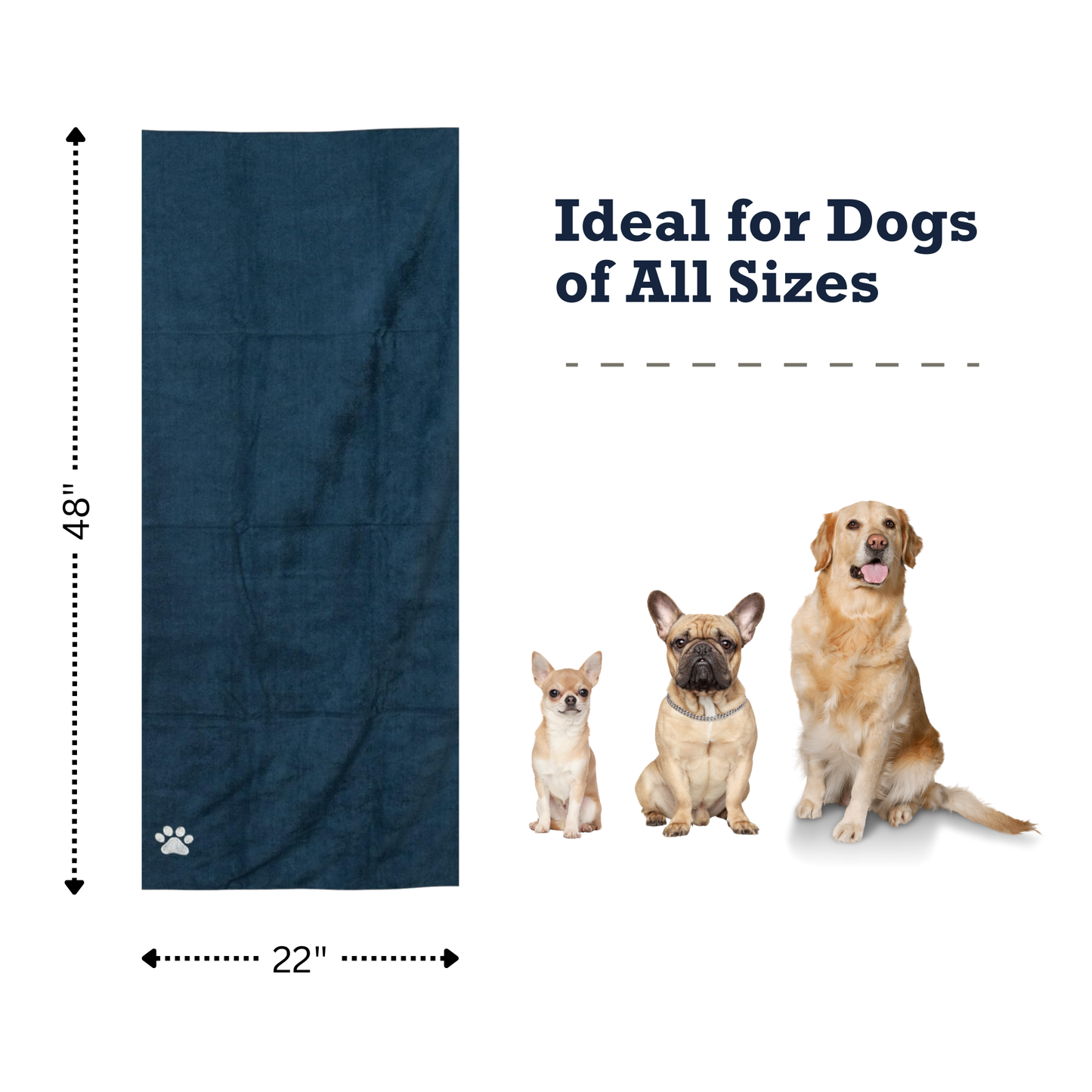 Country Living Large Marine Blue Microfiber Dog Bath Towel with Embroidered Paw Print