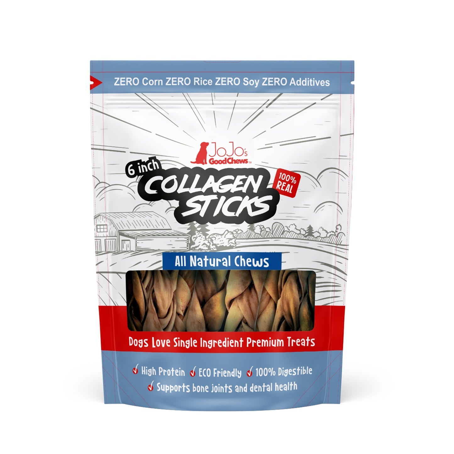 All-Natural Braided Collagen Stick Dog Treats, Supports Joint, Skin & Coat Health – 6-Inch Standard (4-Pack)