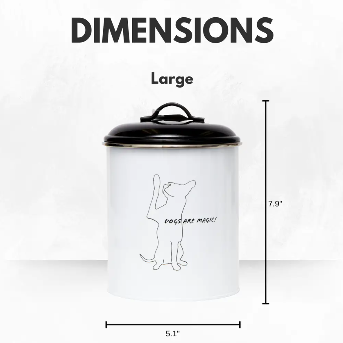 Large pet treat storage canisters with black lid and dog illustration in white finish