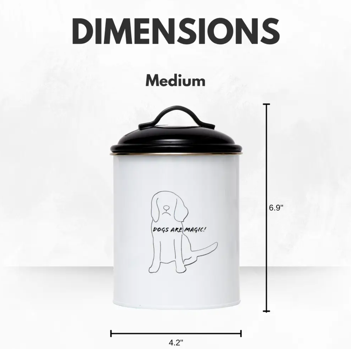 Medium pet treat storage canisters with a black lid featuring a dog illustration and the text Dogs are Magic