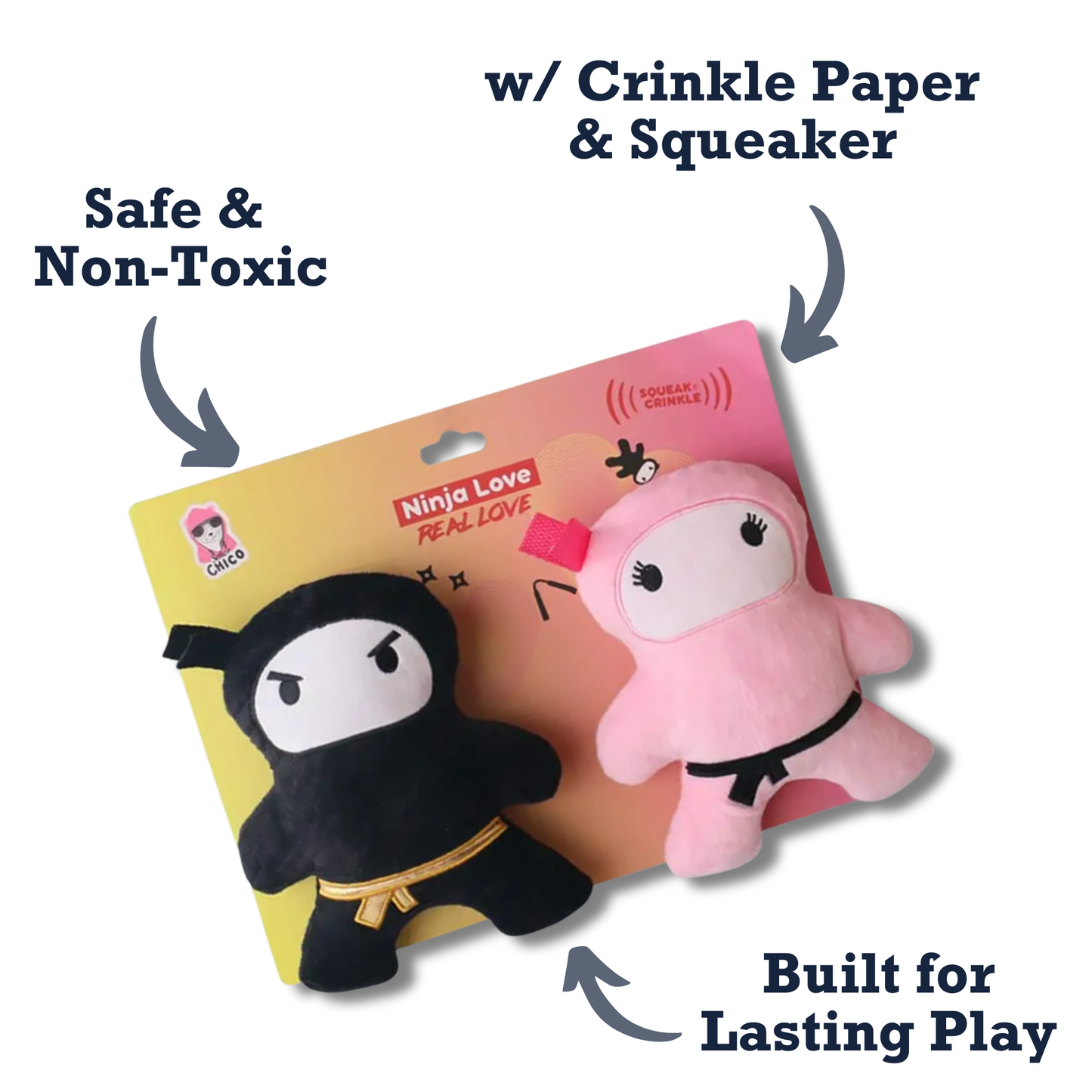 Pink & Black Ninja Love Plush Dog Toy Gift Set – with Squeaker & Crinkle Paper for Fun Play
