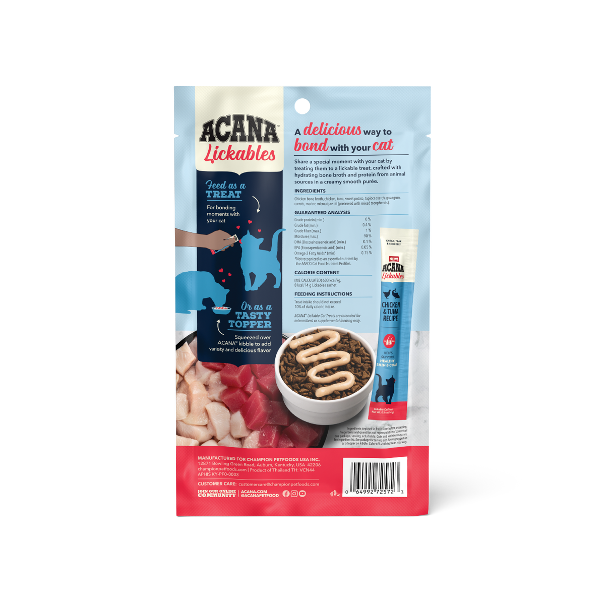The Family Pet Acana cat lickables treats packaging with creamy textured cat treat and tuna flavor