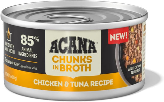 The Family Pet Acana grain free cat food chicken and tuna recipe wet cat food can with chunks in broth