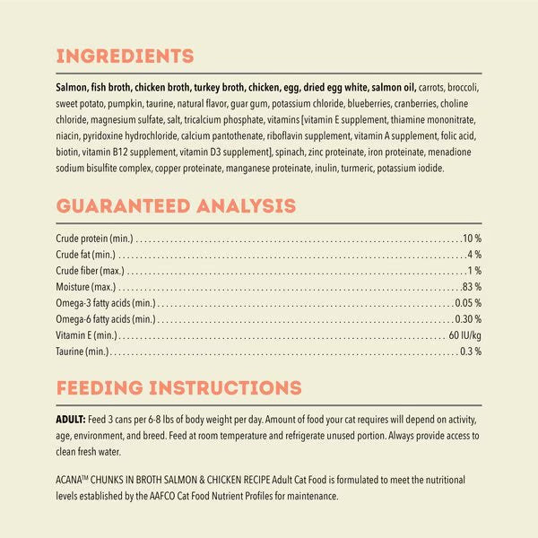 Ingredients and feeding instructions for Acana grain free cat food by The Family Pet with salmon and chicken broth