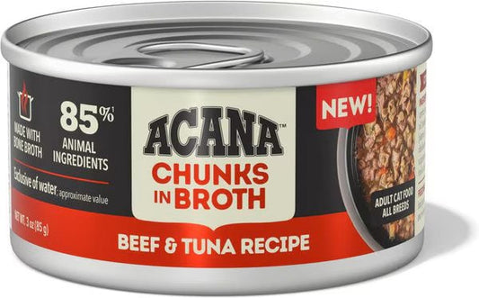 The Family Pet Acana grain free wet cat food beef and tuna recipe chunks in broth can