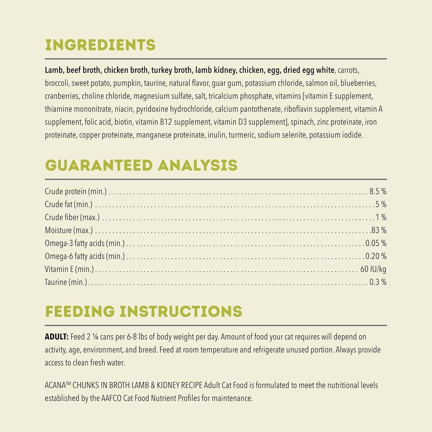 Acana grain free wet cat food ingredients and feeding instructions for adult cats by The Family Pet