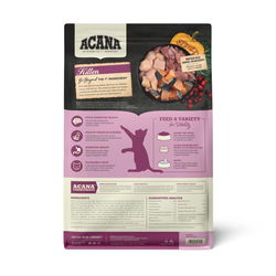 The Family Pet Acana dry cat food bag with detailed nutrition and feeding guide on the back