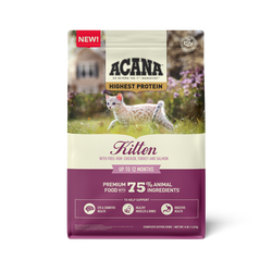 Acana highest protein dry cat food for kittens by The Family Pet with 75% animal ingredients