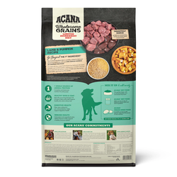 The Family Pet Acana lamb and pumpkin dog food bag showing ingredients and feeding guidelines