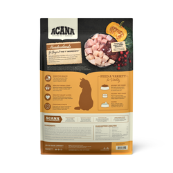 Back of Acana dry cat food bag by The Family Pet showing feeding guidelines and ingredients