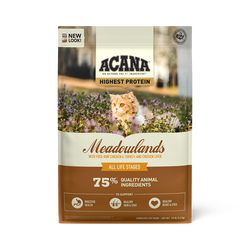 Acana Meadowlands dry cat food bag by The Family Pet with highest protein and 75 percent quality animal ingredients