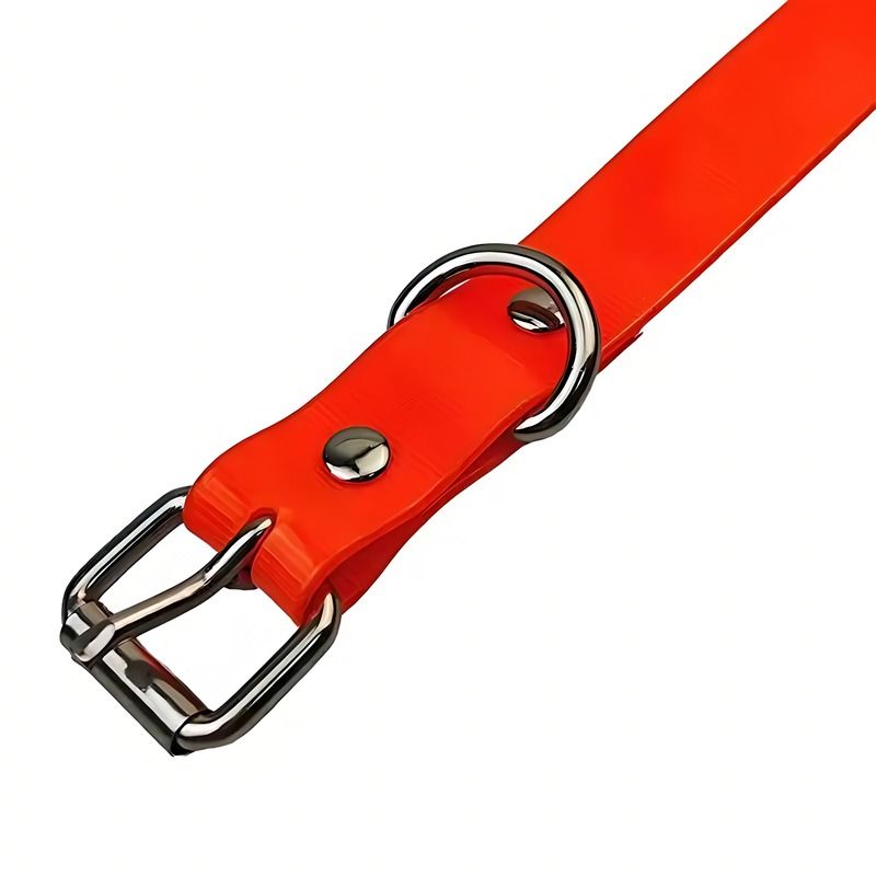 Bright orange adjustable dog training collar with metal buckle and D-ring for secure fit