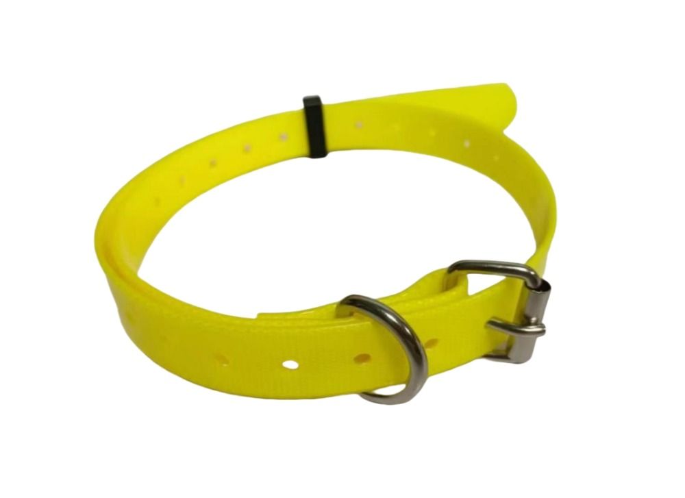 Yellow adjustable dog training collar with metal buckle and D-ring for secure fit