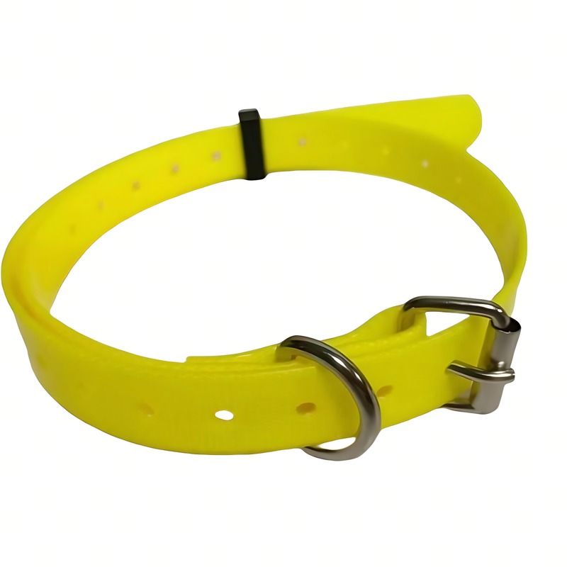 Bright yellow adjustable dog training collar with metal buckle and D-ring from PawCounter.com