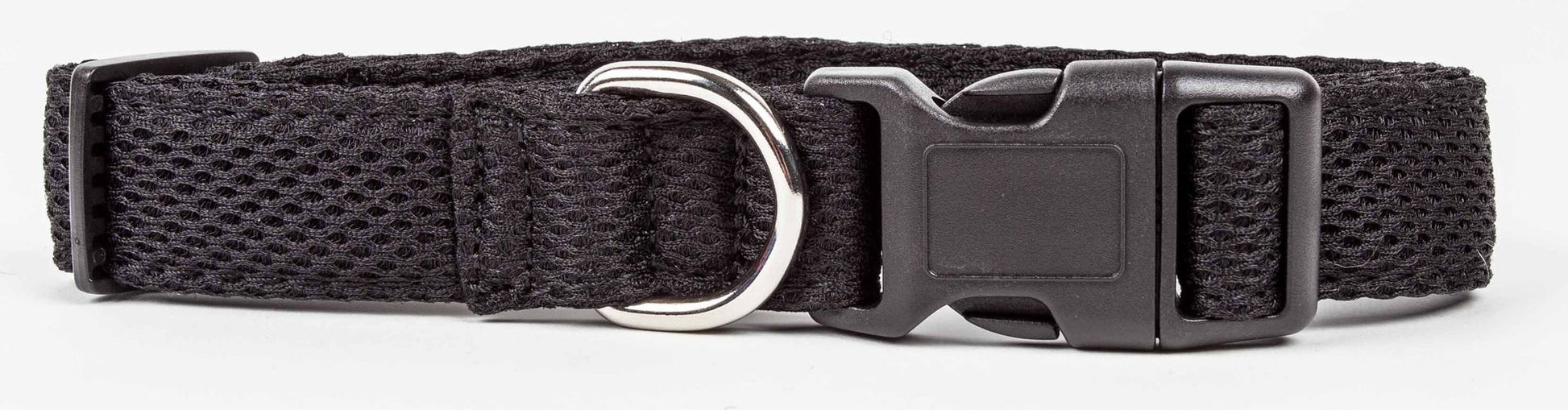 Black adjustable mesh dog collar with sturdy plastic buckle and metal D-ring for pets