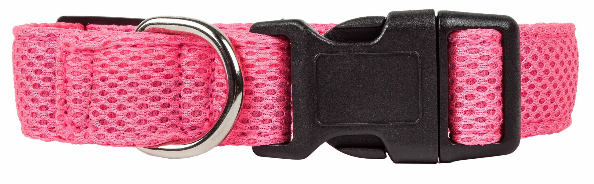 Pink adjustable mesh dog collar with plastic buckle and metal D-ring for secure attachment