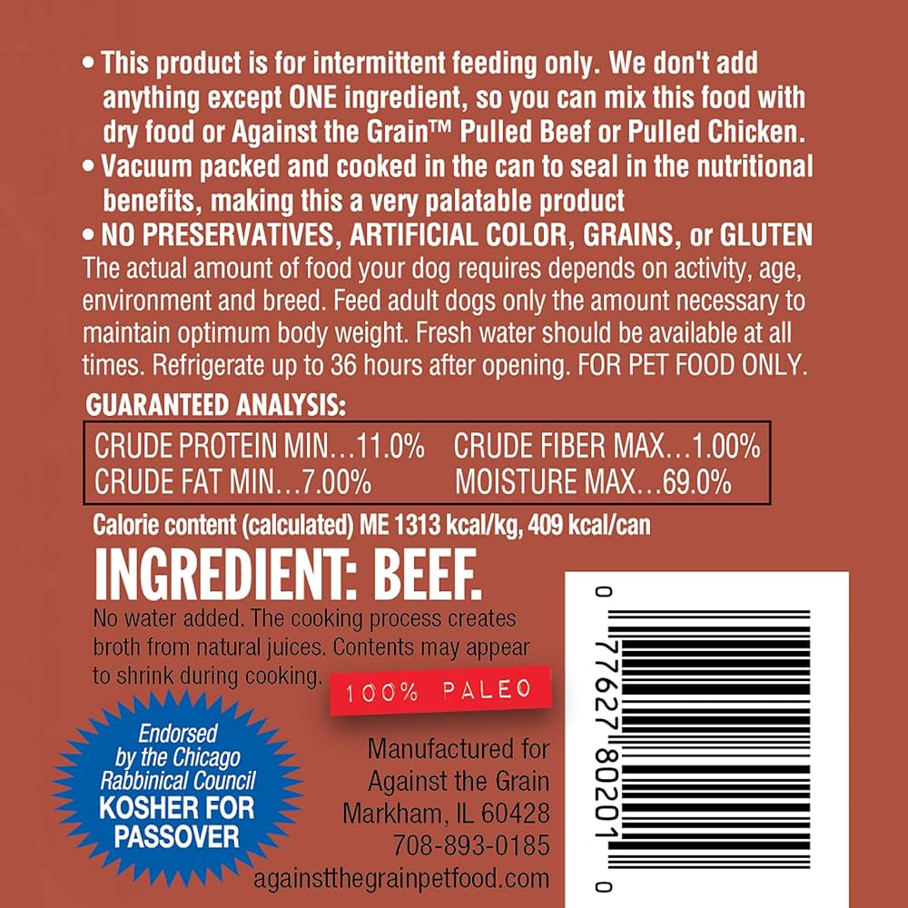 The Family Pet 100% beef wet dog food can label with nutritional facts and kosher endorsement