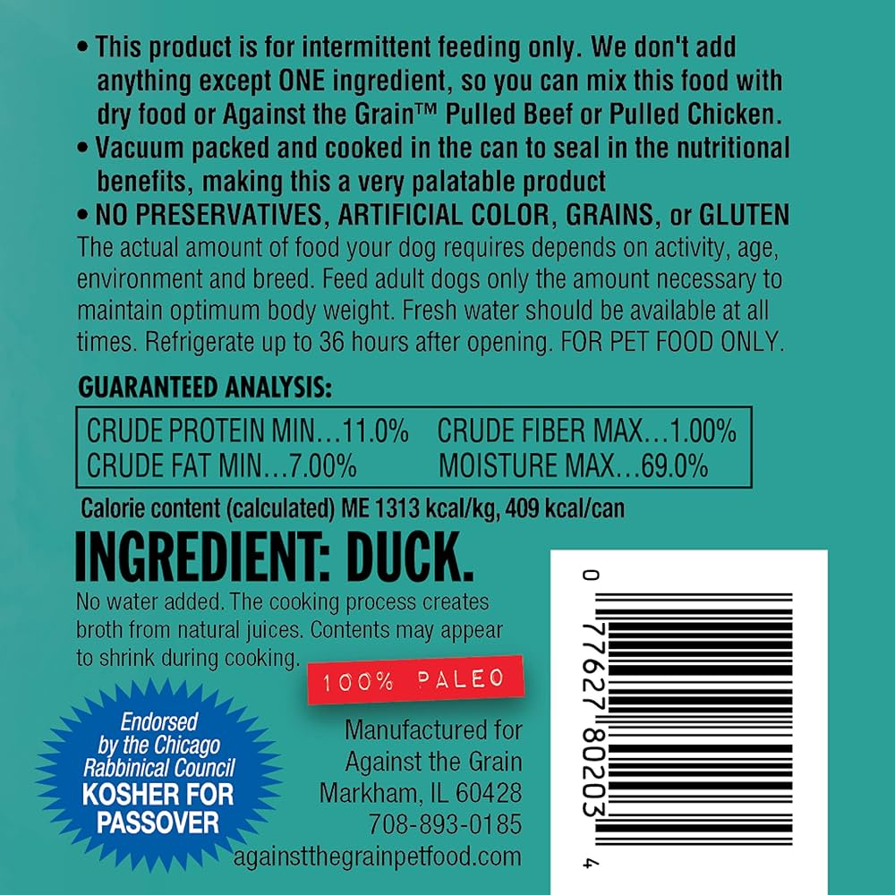 The Family Pet wet dog food label with duck ingredient and nutritional information