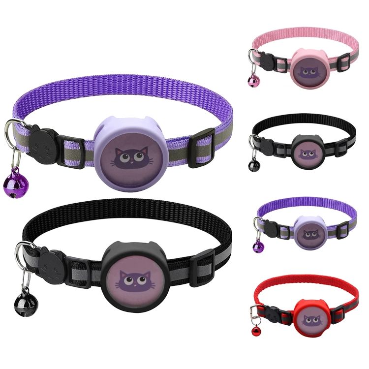 Colorful AirTag pet collar with adjustable straps and attached bell for secure pet tracking