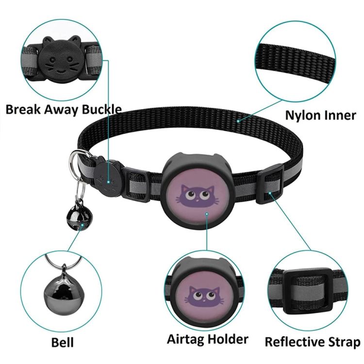 Black AirTag pet collar with break away buckle, reflective strap, nylon inner, bell, and AirTag holder