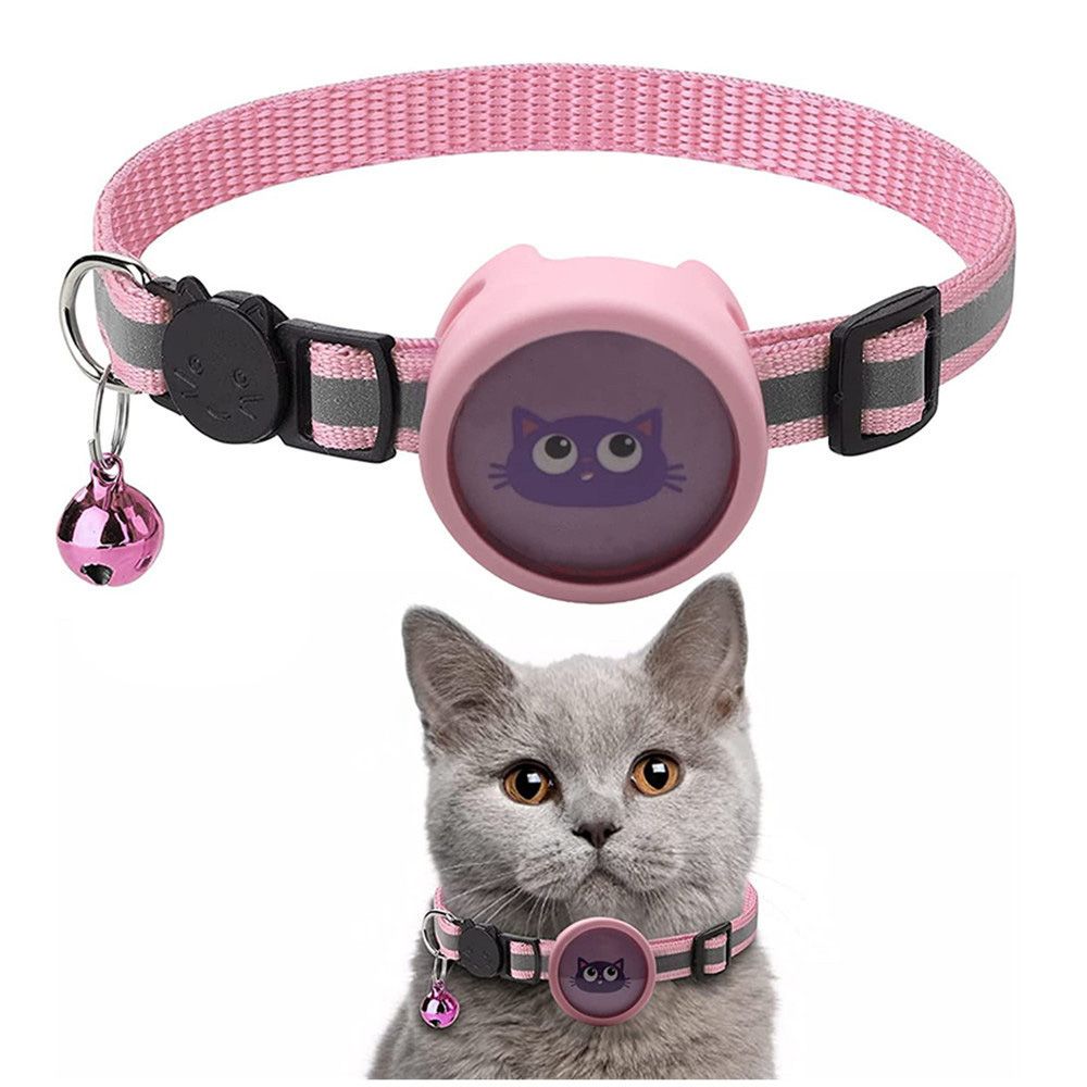 Pink AirTag pet collar for cats with reflective strip and bell featuring a cute purple cat design