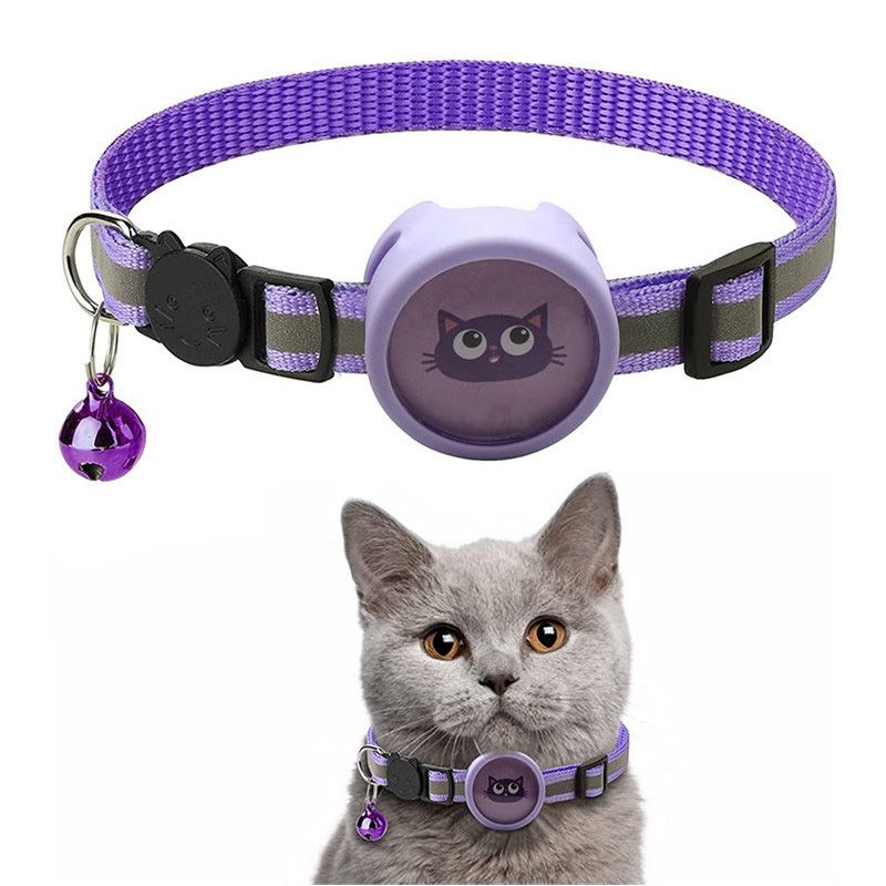 Purple AirTag pet collar with reflective stripes and bell shown on gray cat from PawCounter.com