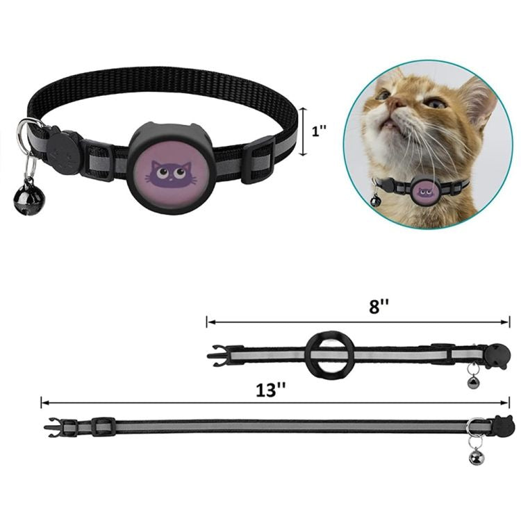 Black adjustable AirTag pet collar with owl design and bell shown on cat with size measurements