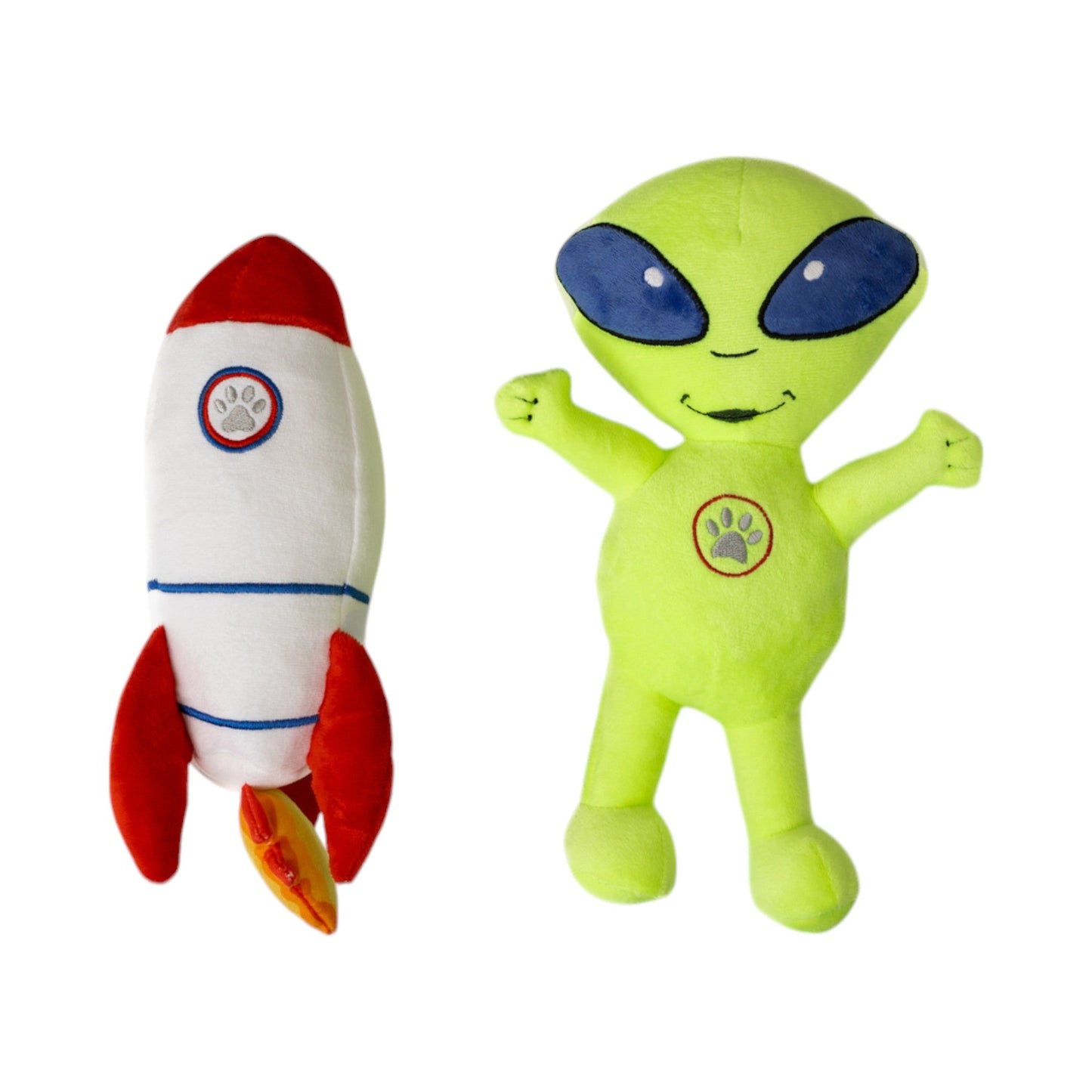 American Pet Supplies alien plush dog toy set with green alien and red rocket ship chew toys