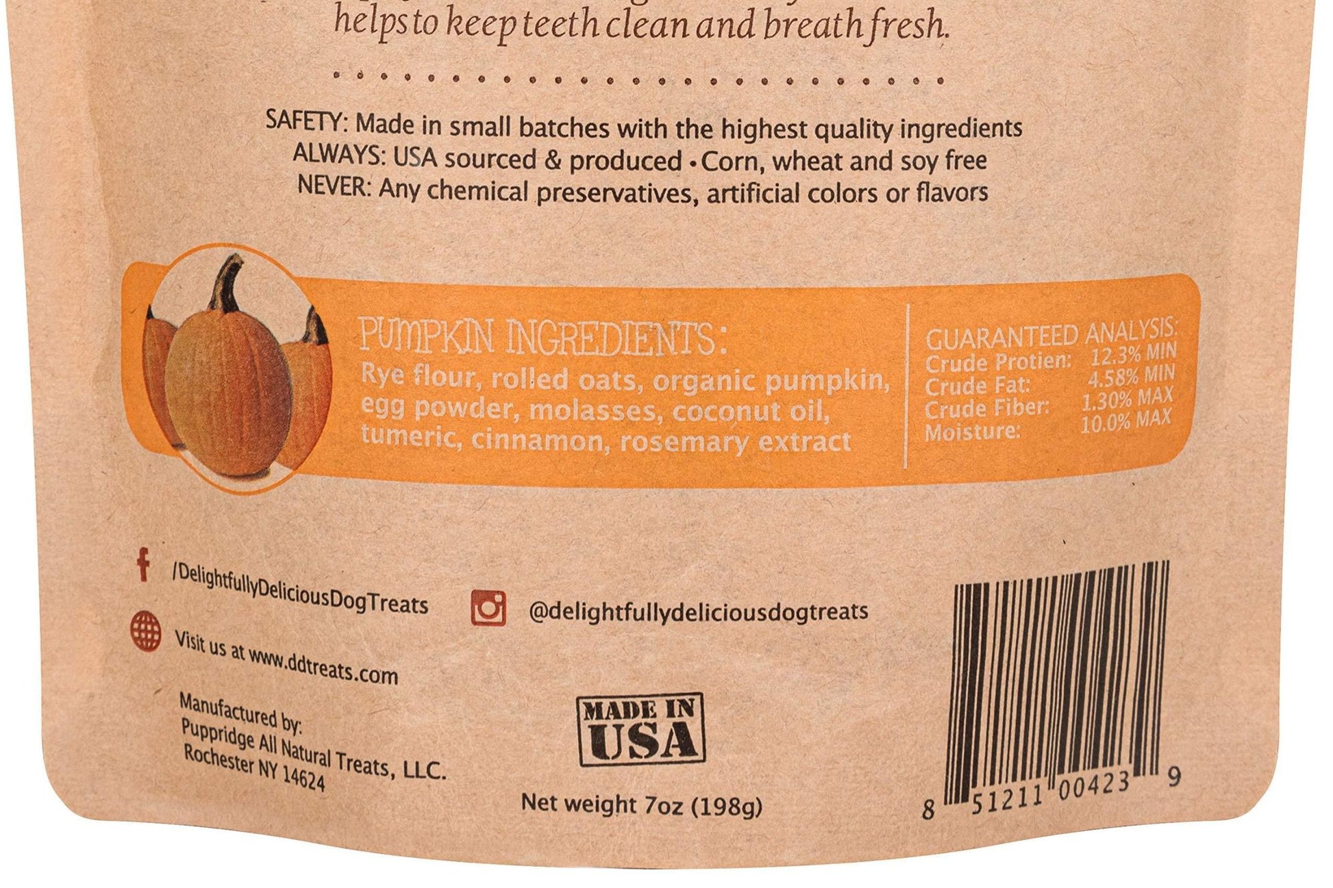 Back packaging of all natural dog treats USA showing pumpkin ingredients and nutritional information