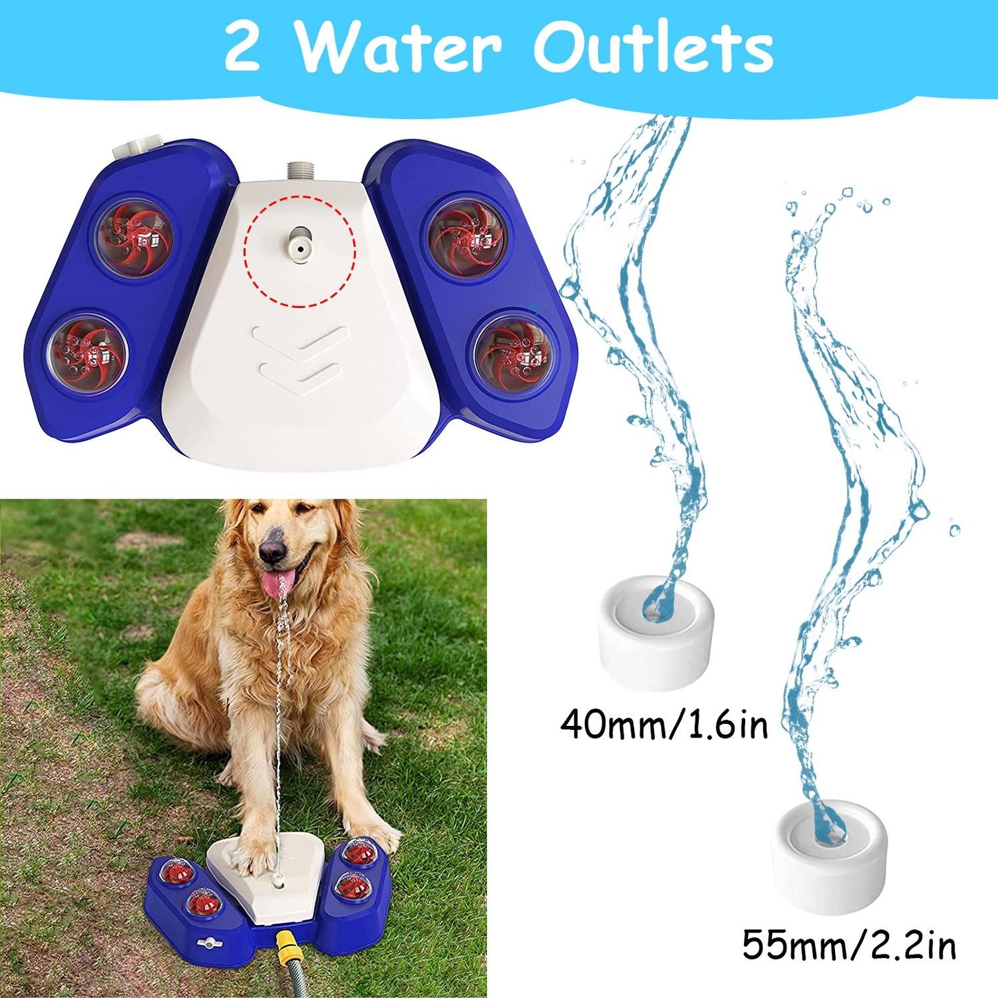 Automatic dog water fountain with two water outlets and adjustable flow size for pets