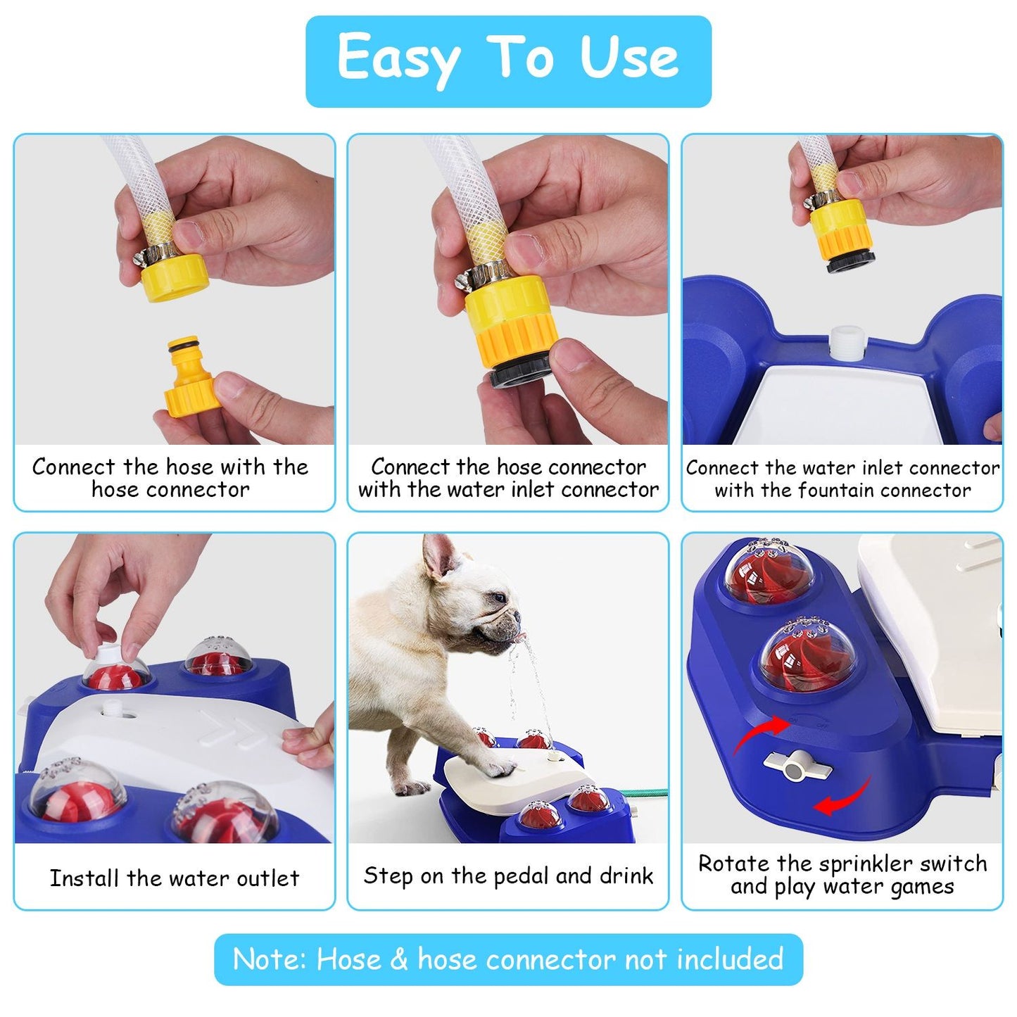 Step-by-step guide showing how to connect hose and water inlet on PawCounter.com automatic dog water fountain