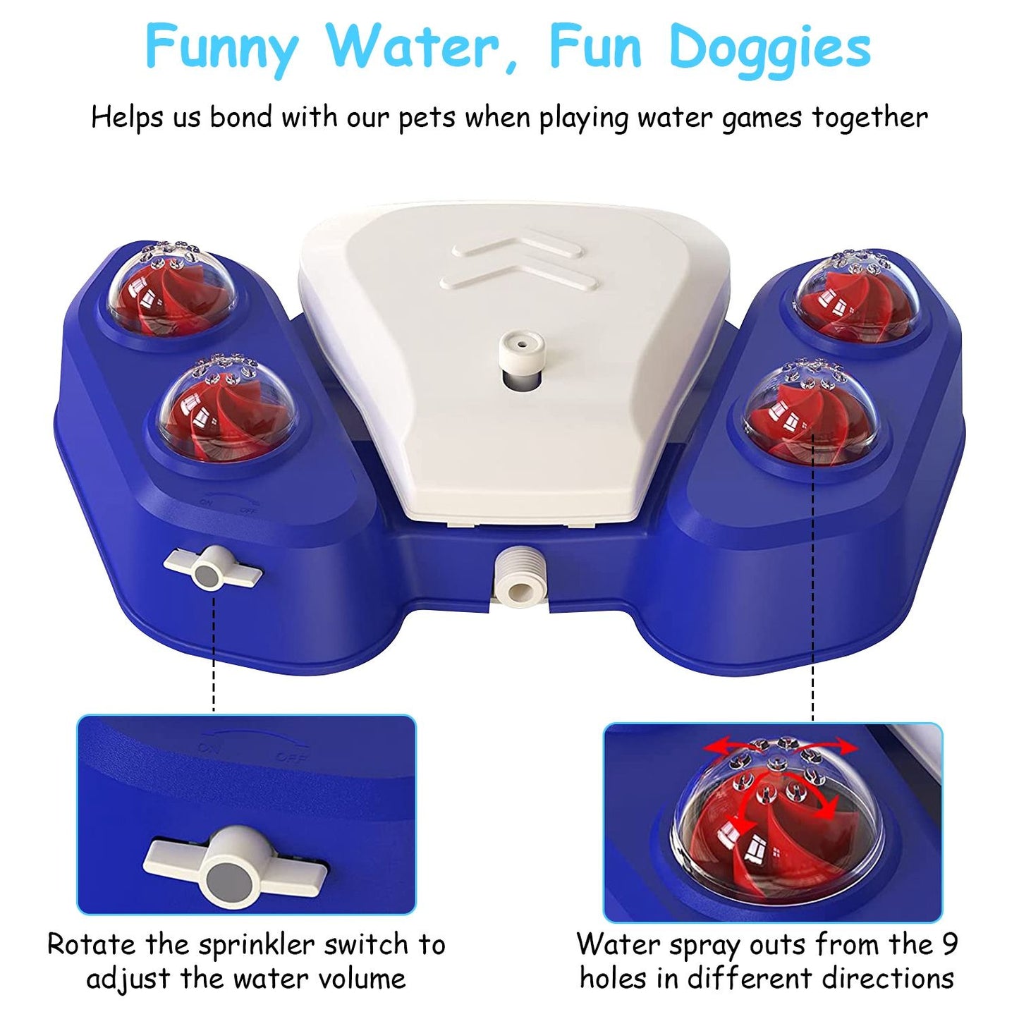 PawCounter.com automatic dog water fountain with adjustable sprinkler switches and water spray from nine holes