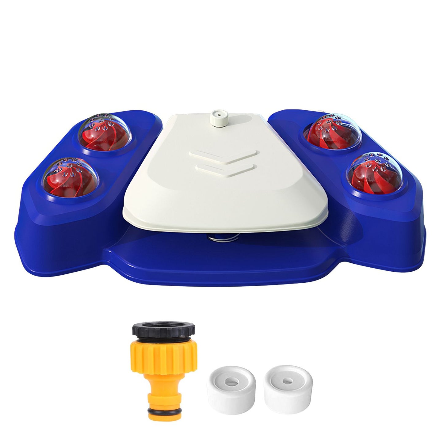 PawCounter.com automatic dog water fountain with blue base and white top, featuring red water jets and hose connector