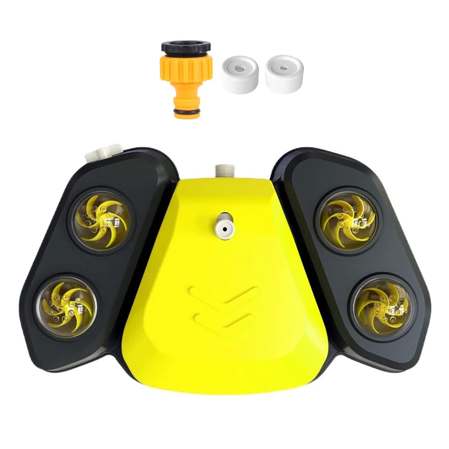PawCounter.com automatic dog water fountain with yellow and black design featuring four water outlets and attachments